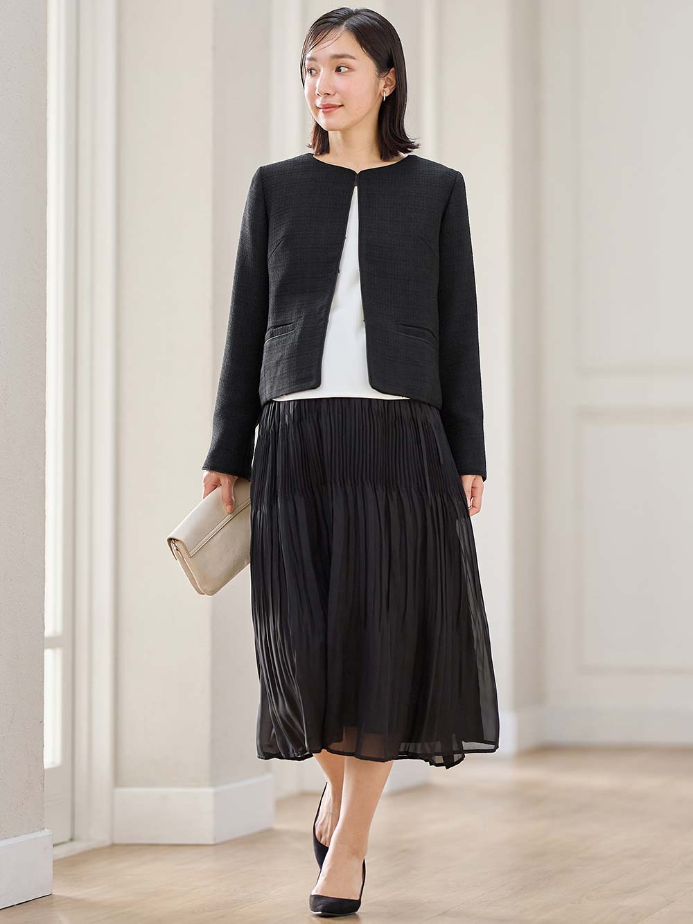 マタニティ トップス|ノーカラージャケット　マタニティ・産後授乳服【出産後も長く使える】|ツイードブラック