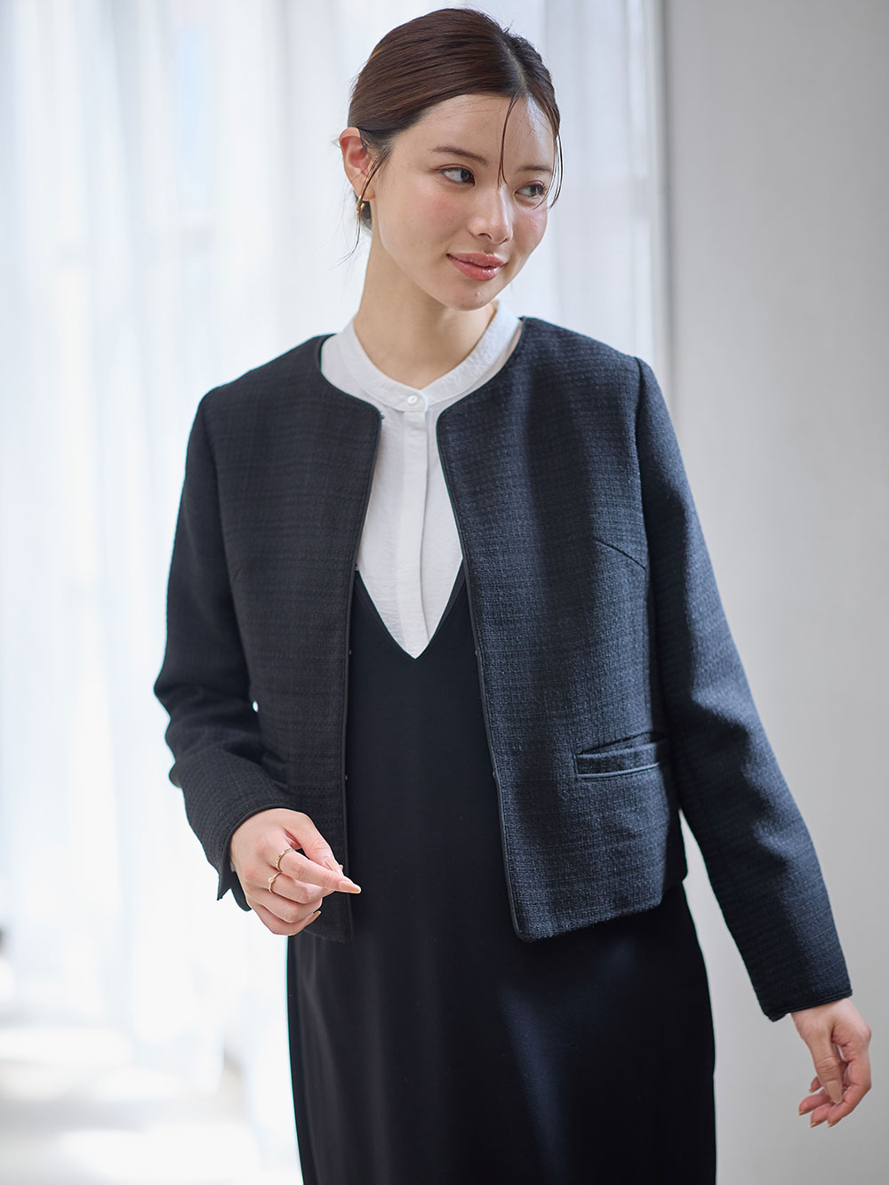 マタニティ トップス|ノーカラージャケット　マタニティ・産後授乳服【出産後も長く使える】|ツイードブラック