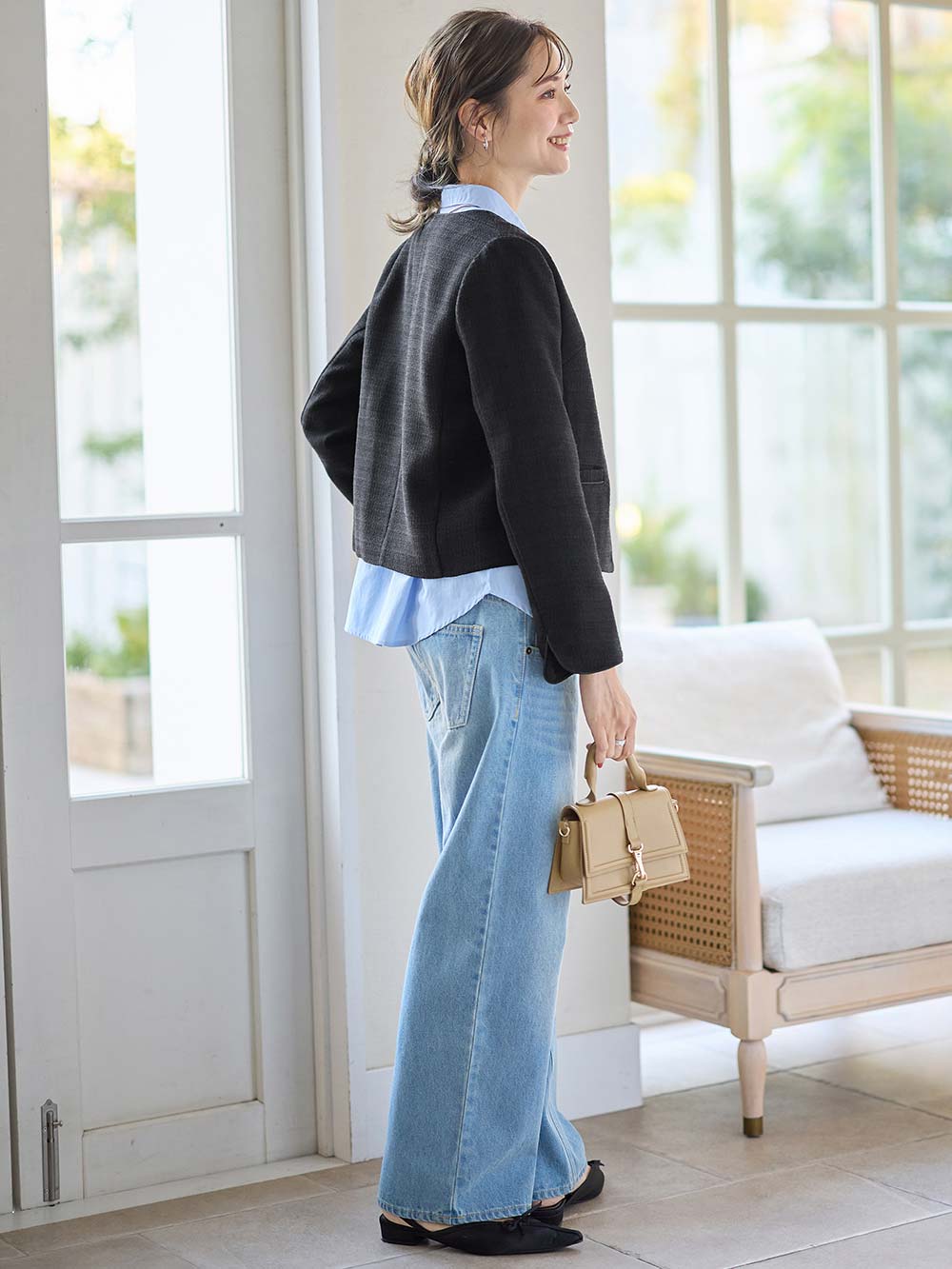 マタニティ トップス|ノーカラージャケット　マタニティ・産後授乳服【出産後も長く使える】|ツイードブラック