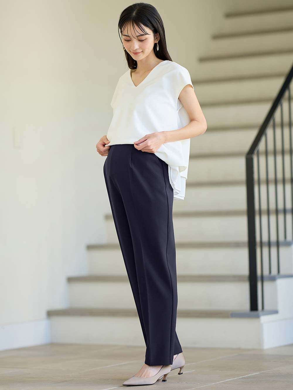 マタニティ パンツ|ストレッチストレートパンツ　マタニティ・産後【出産後も長く使える】|ネイビー