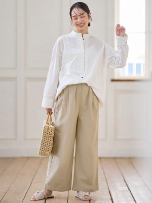 マタニティ パンツ|綿100%ギャザーワイドストレートパンツ マタニティ・産後【出産後も長く使える】|グレージュ