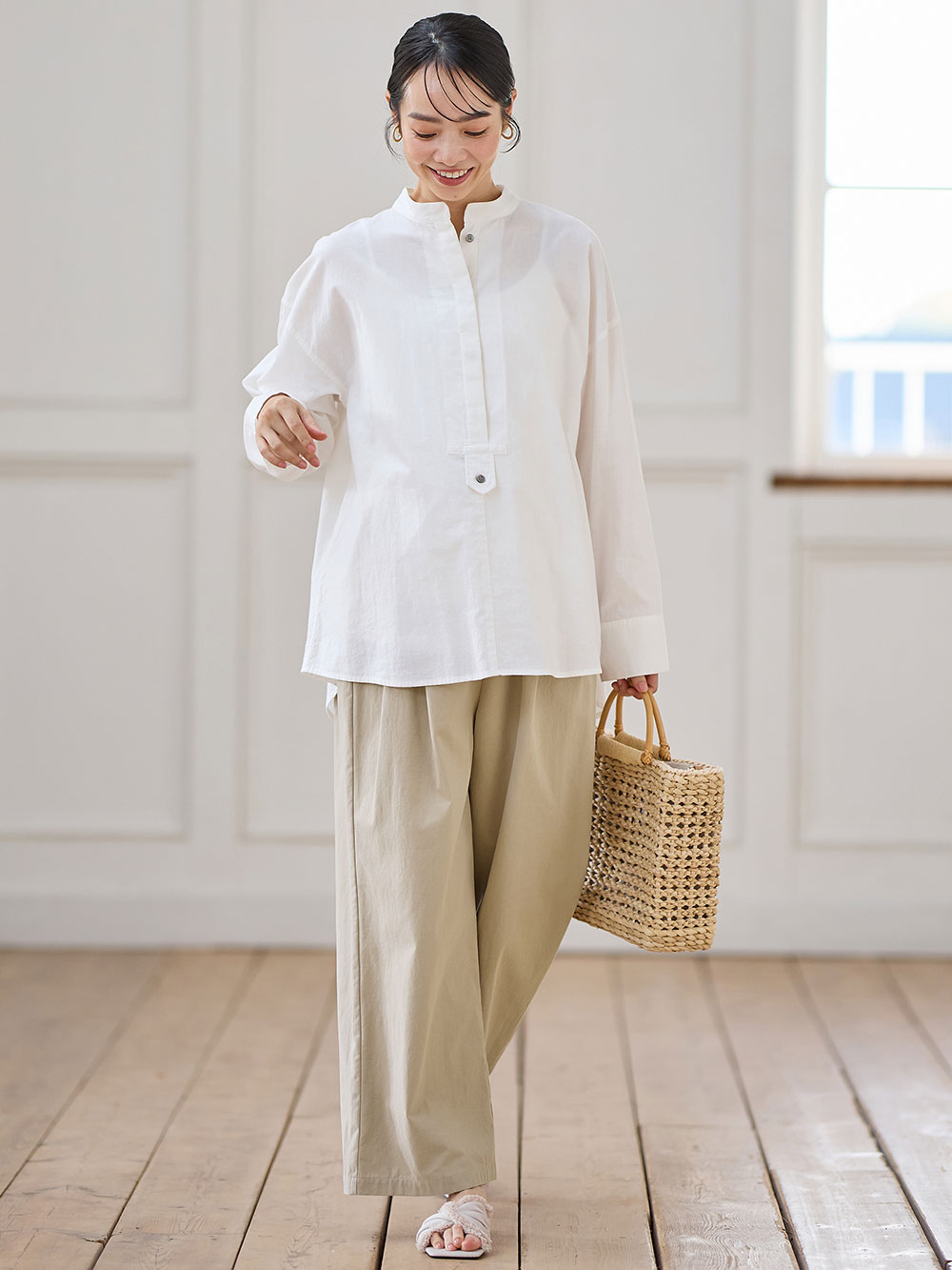 マタニティ パンツ|綿100%ギャザーワイドストレートパンツ マタニティ・産後【出産後も長く使える】|グレージュ