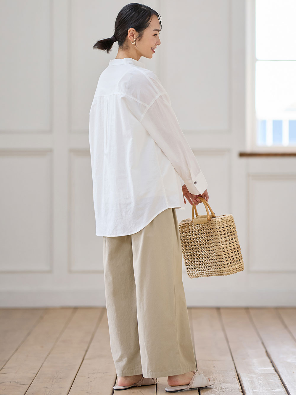 マタニティ パンツ|綿100%ギャザーワイドストレートパンツ マタニティ・産後【出産後も長く使える】|グレージュ