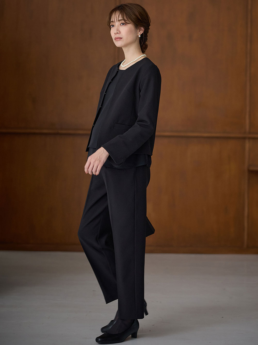マタニティ ワンピース|【ブラックフォーマル・喪服】快適ストレッチフォーマルセットアップ　マタニティ・産後【出産後も長く使える】|パンツセット(ブラック)