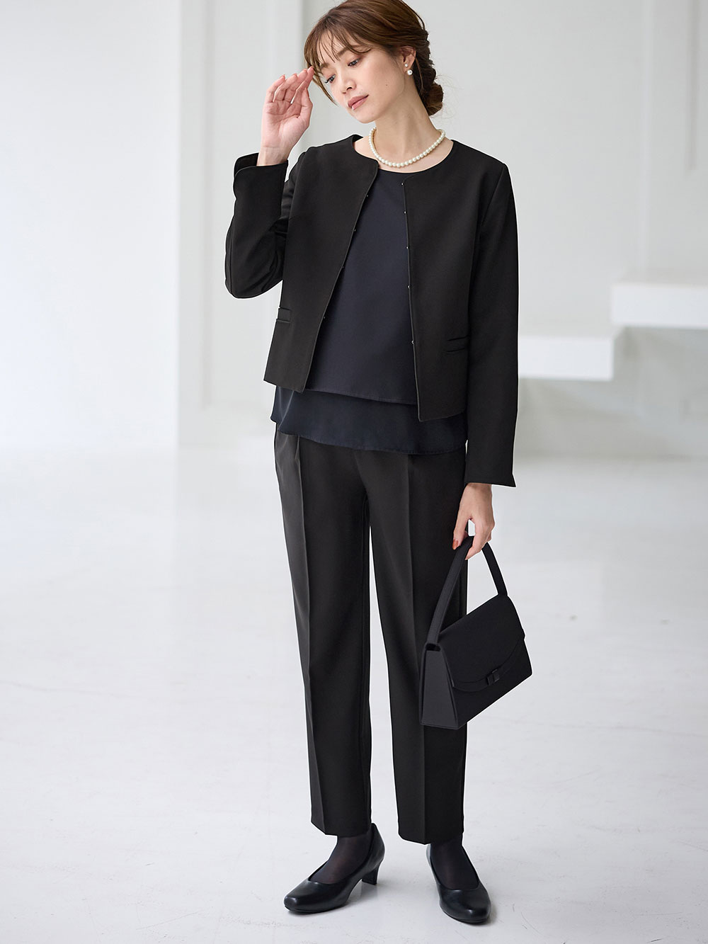 マタニティ ワンピース|【ブラックフォーマル・喪服】快適ストレッチフォーマルセットアップ　マタニティ・産後【出産後も長く使える】|パンツセット(ブラック)