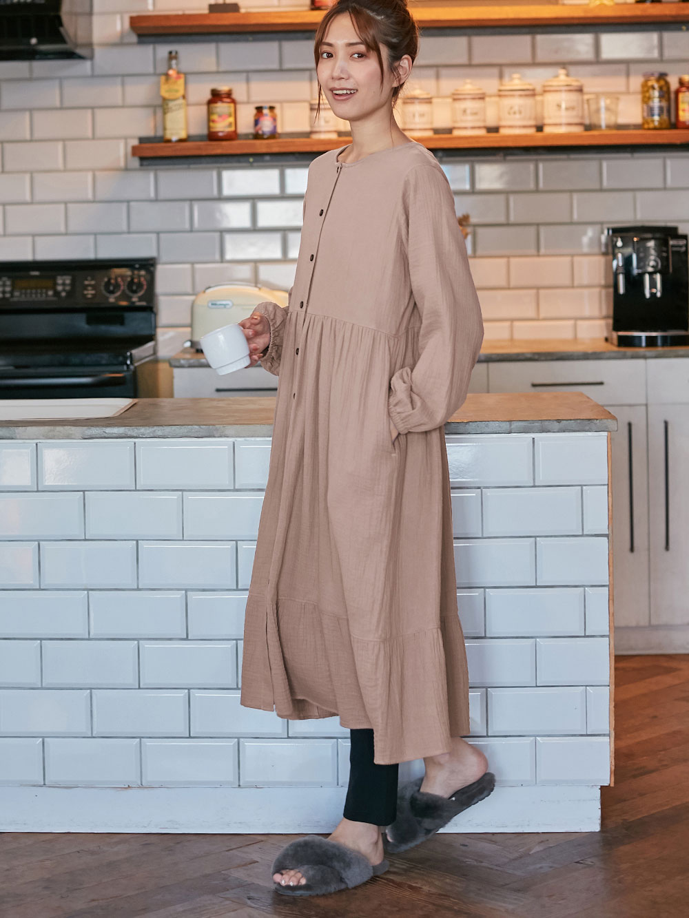 マタニティ パジャマ・ルームウェア|【親子コーデセット】ぷくぷくダブルガーゼ裾ティアード3WAYワンピース&産前産後使えるレギンスパジャマ&2wayオール 出産準備 ギフト マタニティ・産後|モカブラウン