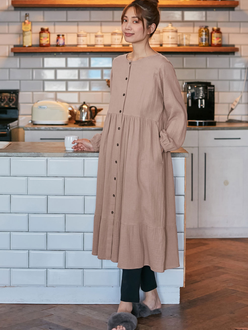 マタニティ パジャマ・ルームウェア|【親子コーデセット】ぷくぷくダブルガーゼ裾ティアード3WAYワンピース&産前産後使えるレギンスパジャマ&2wayオール 出産準備 ギフト マタニティ・産後|モカブラウン