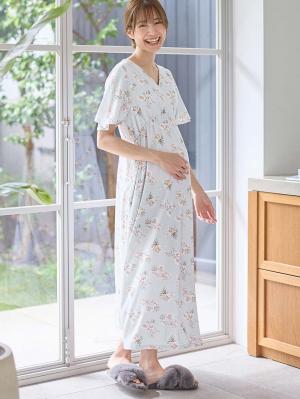 マタニティ パジャマ・ルームウェア|【親子コーデセット】花柄スムースカシュクールパッド付半袖ネグリジェ＆2wayオール　出産準備　ギフト　マタニティ・産後|サックス×プリント