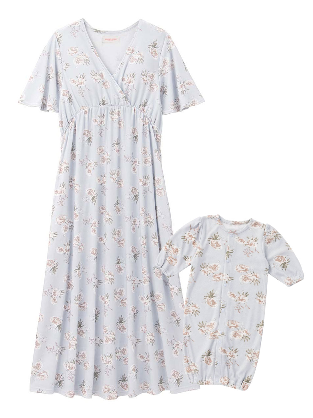 マタニティ パジャマ・ルームウェア|【親子コーデセット】花柄スムースカシュクールパッド付半袖ネグリジェ＆2wayオール　出産準備　ギフト　マタニティ・産後|サックス×プリント