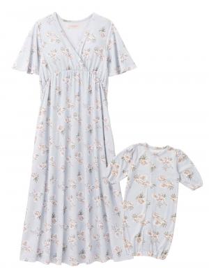 マタニティ パジャマ・ルームウェア|【親子コーデセット】花柄スムースカシュクールパッド付半袖ネグリジェ＆2wayオール　出産準備　ギフト　マタニティ・産後|サックス×プリント