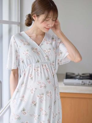マタニティ パジャマ・ルームウェア|【親子コーデセット】花柄スムースカシュクールパッド付半袖ネグリジェ＆2wayオール　出産準備　ギフト　マタニティ・産後|サックス×プリント