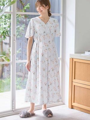 マタニティ パジャマ・ルームウェア|【親子コーデセット】花柄スムースカシュクールパッド付半袖ネグリジェ＆2wayオール　出産準備　ギフト　マタニティ・産後|サックス×プリント