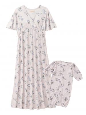 マタニティ パジャマ・ルームウェア|【親子コーデセット】花柄スムースカシュクールパッド付半袖ネグリジェ＆2wayオール　出産準備　ギフト　マタニティ・産後|ペールピンク×プリント