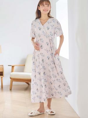 マタニティ パジャマ・ルームウェア|【親子コーデセット】花柄スムースカシュクールパッド付半袖ネグリジェ＆2wayオール　出産準備　ギフト　マタニティ・産後|ペールピンク×プリント