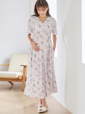 マタニティ パジャマ・ルームウェア|【親子コーデセット】花柄スムースカシュクールパッド付半袖ネグリジェ＆2wayオール　出産準備　ギフト　マタニティ・産後|ペールピンク×プリント