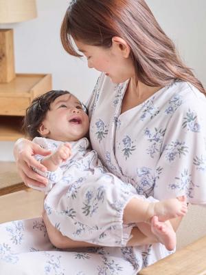 マタニティ パジャマ・ルームウェア|【親子コーデセット】花柄スムースカシュクールパッド付半袖ネグリジェ＆2wayオール　出産準備　ギフト　マタニティ・産後|ペールピンク×プリント
