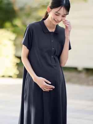 マタニティ ワンピース|【親子コーデセット】半袖ポロワンピース（ひざ下丈）＆襟付きポロロンパース　出産準備　ギフト　マタニティ・授乳服|ネイビー(60-70cm)