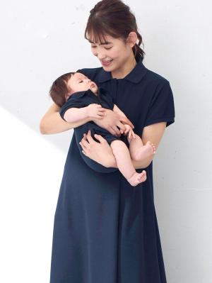 マタニティ ワンピース|【親子コーデセット】半袖ポロワンピース（ひざ下丈）＆襟付きポロロンパース　出産準備　ギフト　マタニティ・授乳服|ネイビー(60-70cm)