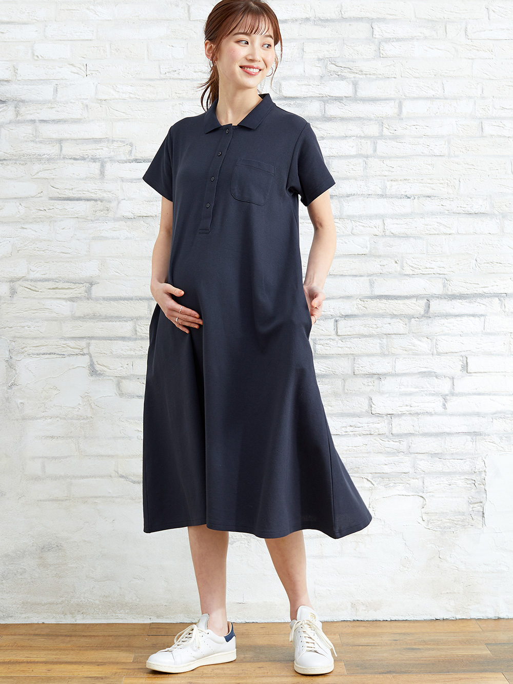 マタニティ ワンピース|【親子コーデセット】半袖ポロワンピース（ひざ下丈）＆襟付きポロロンパース　出産準備　ギフト　マタニティ・授乳服|ネイビー(70-80cm)
