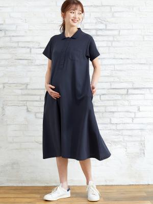 マタニティ ワンピース|【親子コーデセット】半袖ポロワンピース（ひざ下丈）＆襟付きポロロンパース　出産準備　ギフト　マタニティ・授乳服|ネイビー(70-80cm)