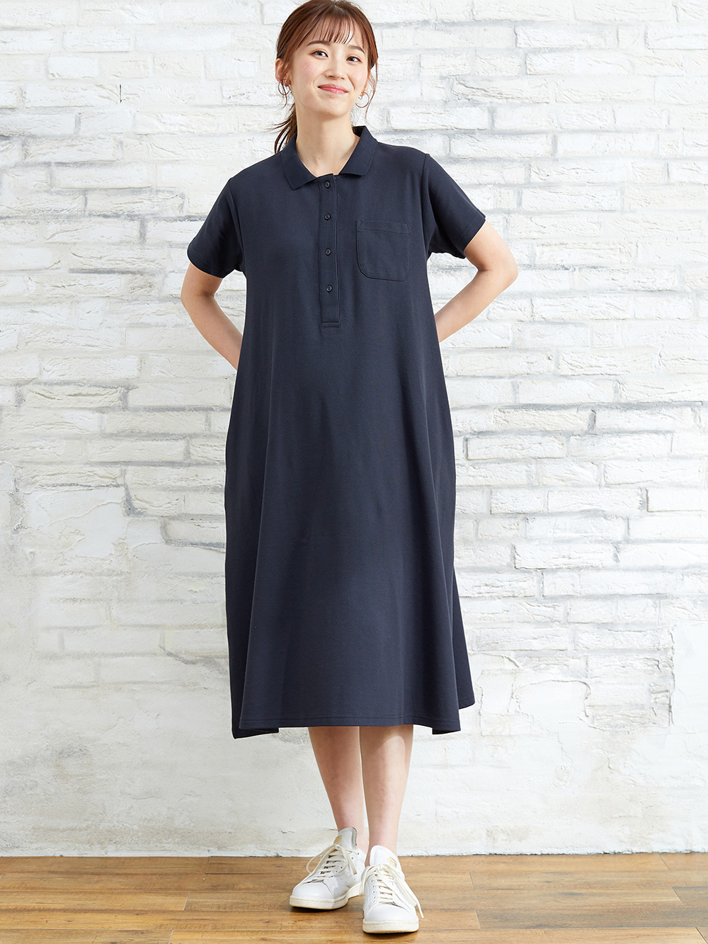 マタニティ ワンピース|【親子コーデセット】半袖ポロワンピース（ひざ下丈）＆襟付きポロロンパース　出産準備　ギフト　マタニティ・授乳服|ネイビー(70-80cm)