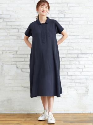 マタニティ ワンピース|【親子コーデセット】半袖ポロワンピース（ひざ下丈）＆襟付きポロロンパース　出産準備　ギフト　マタニティ・授乳服|ネイビー(70-80cm)
