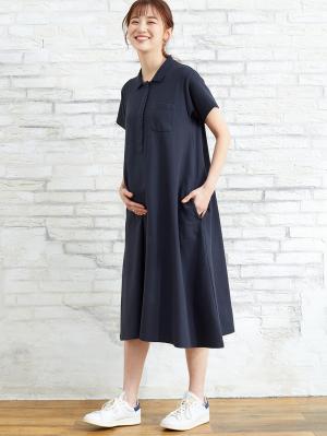 マタニティ ワンピース|【親子コーデセット】半袖ポロワンピース（ひざ下丈）＆襟付きポロロンパース　出産準備　ギフト　マタニティ・授乳服|ネイビー(70-80cm)