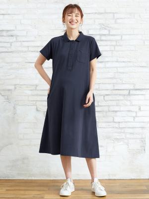 マタニティ ワンピース|【親子コーデセット】半袖ポロワンピース（ひざ下丈）＆襟付きポロロンパース　出産準備　ギフト　マタニティ・授乳服|ネイビー(70-80cm)