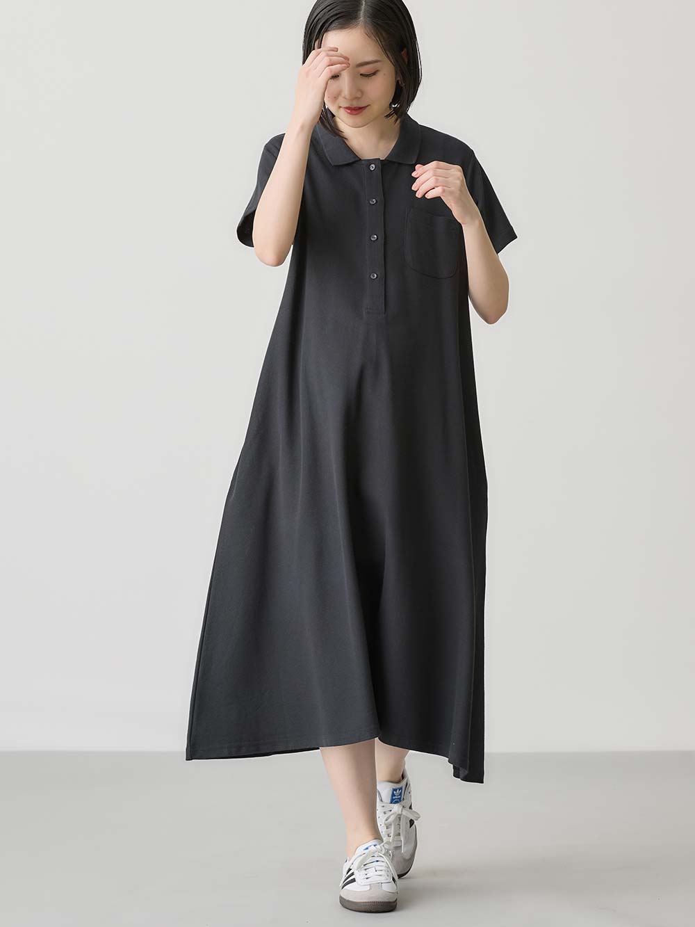 マタニティ ワンピース|【親子コーデセット】半袖ポロワンピース（ひざ下丈）＆襟付きポロロンパース　出産準備　ギフト　マタニティ・授乳服|ブラック(70-80cm)