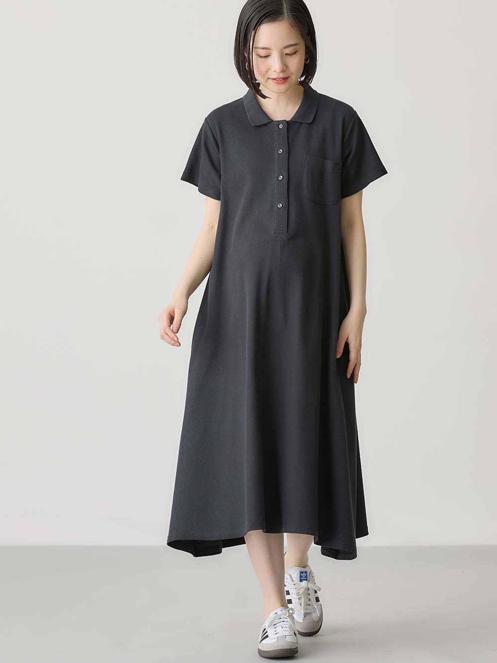 マタニティ ワンピース|【親子コーデセット】半袖ポロワンピース（ひざ下丈）＆襟付きポロロンパース　出産準備　ギフト　マタニティ・授乳服|ブラック(60-70cm)