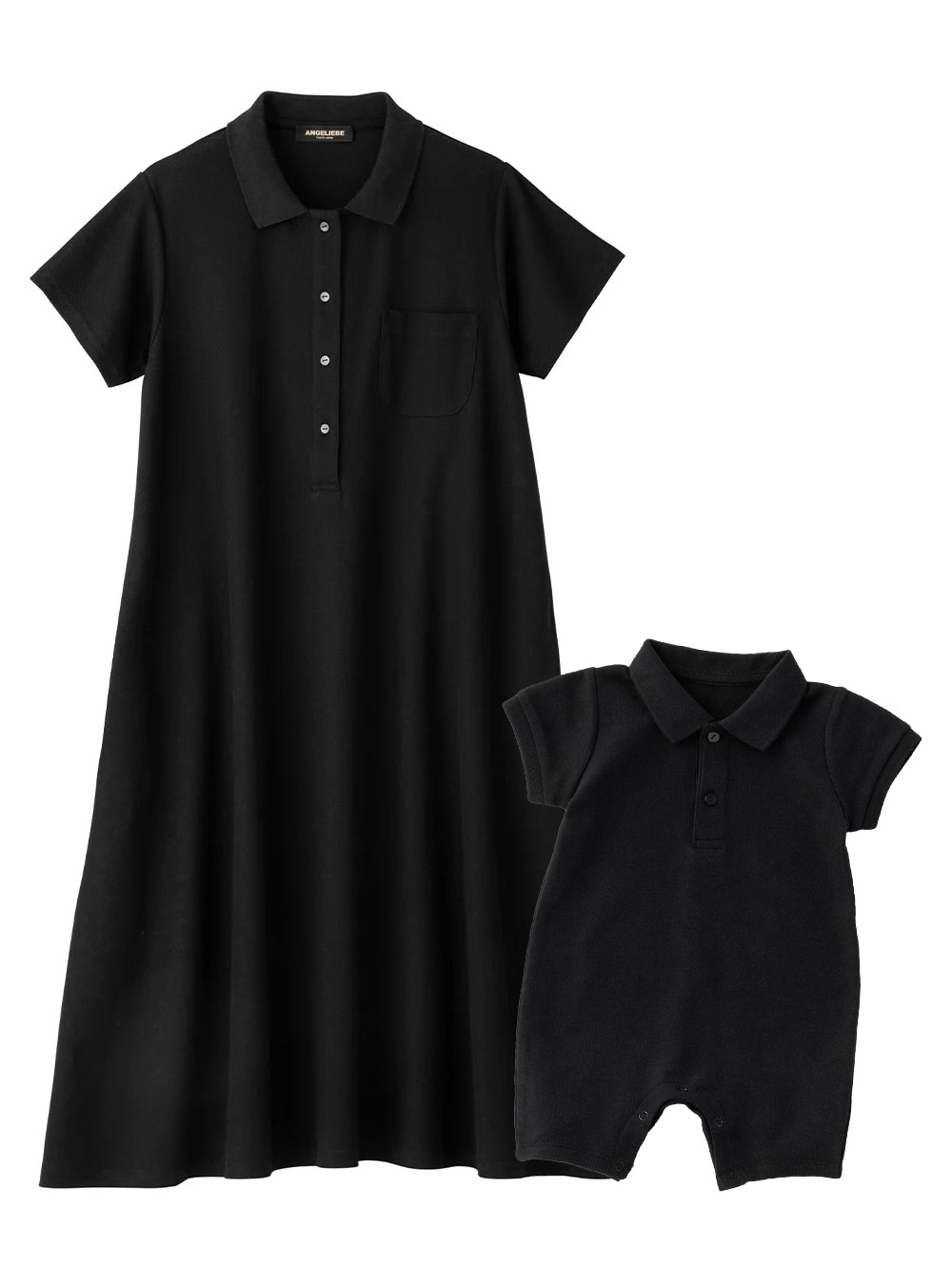 マタニティ ワンピース|【親子コーデセット】半袖ポロワンピース（ひざ下丈）＆襟付きポロロンパース　出産準備　ギフト　マタニティ・授乳服|ブラック(60-70cm)