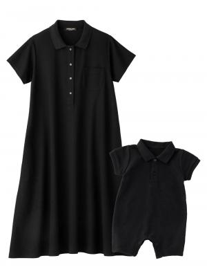 マタニティ ワンピース|【親子コーデセット】半袖ポロワンピース（ひざ下丈）＆襟付きポロロンパース　出産準備　ギフト　マタニティ・授乳服|ブラック(60-70cm)