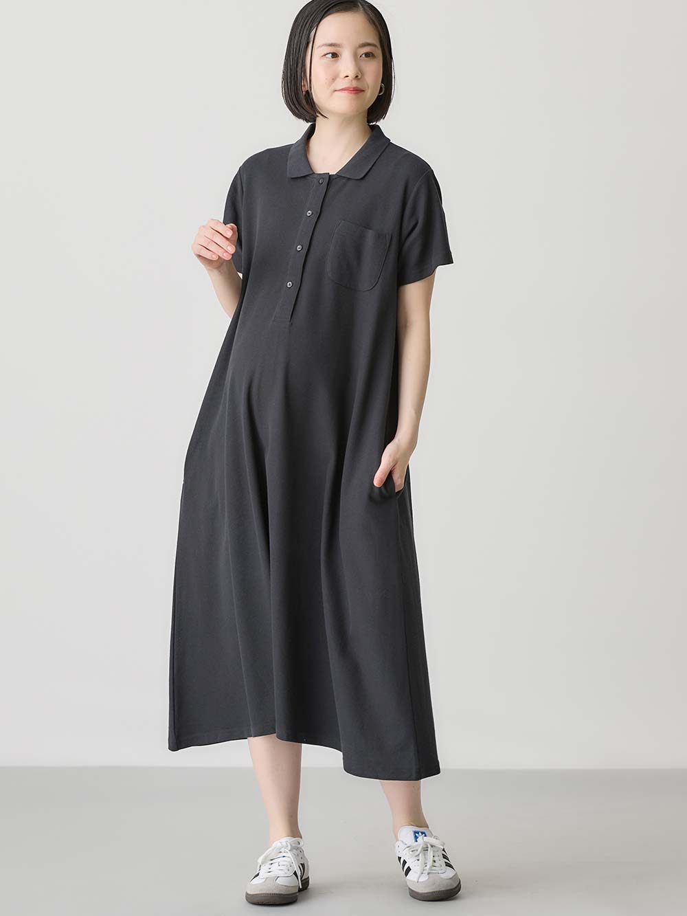 マタニティ ワンピース|【親子コーデセット】半袖ポロワンピース（ひざ下丈）＆襟付きポロロンパース　出産準備　ギフト　マタニティ・授乳服|ブラック(60-70cm)