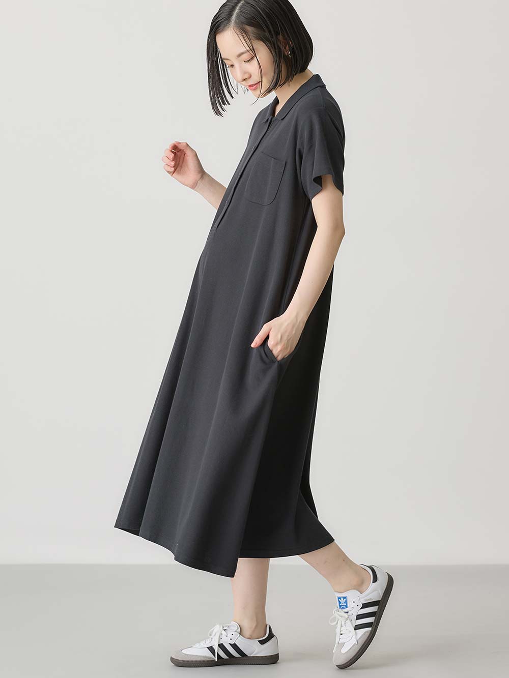 マタニティ ワンピース|【親子コーデセット】半袖ポロワンピース（ひざ下丈）＆襟付きポロロンパース　出産準備　ギフト　マタニティ・授乳服|ブラック(70-80cm)