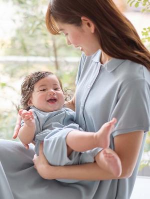 マタニティ ワンピース|【親子コーデセット】半袖ポロワンピース（ひざ下丈）＆襟付きポロロンパース　出産準備　ギフト　マタニティ・授乳服|サックス(60-70cm)