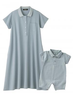 マタニティ ワンピース|【親子コーデセット】半袖ポロワンピース（ひざ下丈）＆襟付きポロロンパース　出産準備　ギフト　マタニティ・授乳服|サックス(60-70cm)