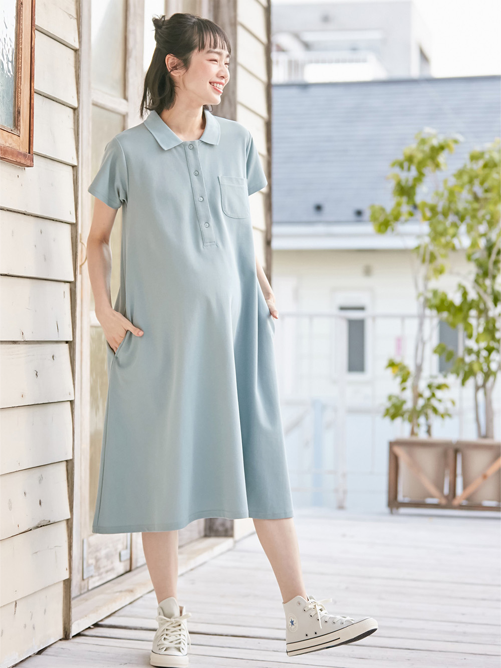 マタニティ ワンピース|【親子コーデセット】半袖ポロワンピース（ひざ下丈）＆襟付きポロロンパース　出産準備　ギフト　マタニティ・授乳服|サックス(60-70cm)