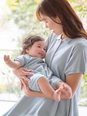 マタニティ ワンピース|【親子コーデセット】半袖ポロワンピース（ひざ下丈）＆襟付きポロロンパース　出産準備　ギフト　マタニティ・授乳服|サックス(60-70cm)