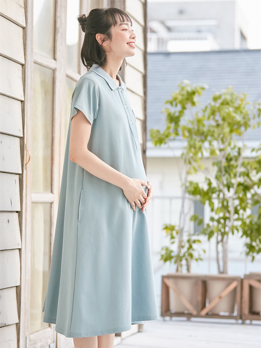 マタニティ ワンピース|【親子コーデセット】半袖ポロワンピース（ひざ下丈）＆襟付きポロロンパース　出産準備　ギフト　マタニティ・授乳服|サックス(70-80cm)