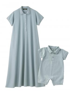 マタニティ ワンピース|【親子コーデセット】半袖ポロマキシワンピース&襟付きポロロンパース 出産準備 ギフト マタニティ・授乳服|サックス(60-70cm)