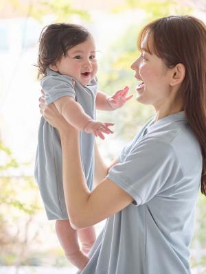 マタニティ ワンピース|【親子コーデセット】半袖ポロマキシワンピース&襟付きポロロンパース 出産準備 ギフト マタニティ・授乳服|サックス(60-70cm)