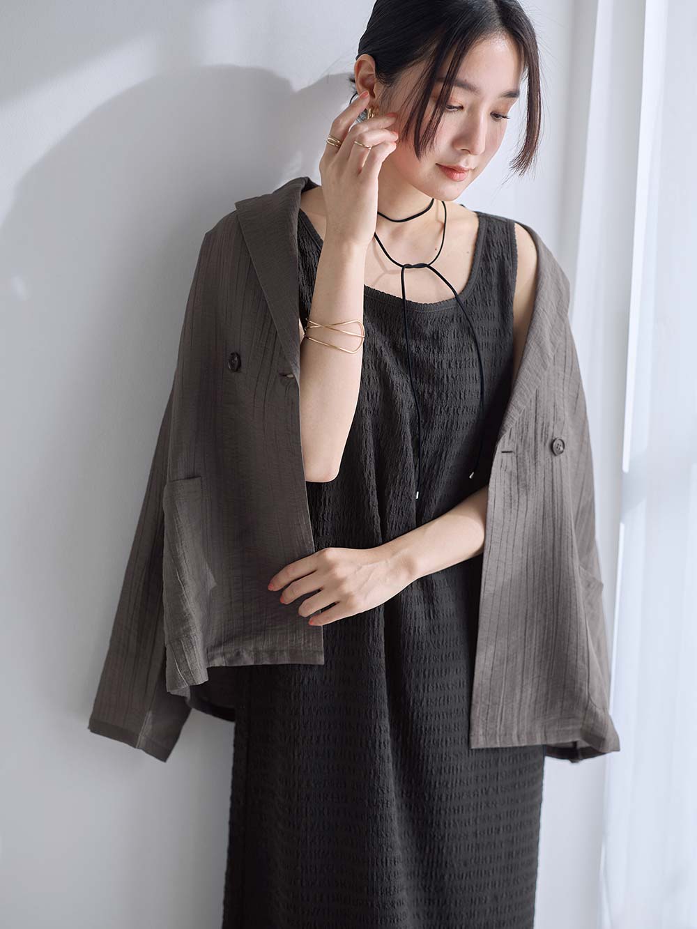 マタニティ ワンピース|シアージャケット×ノースリワンピースセット　マタニティ・産後【産後も長く着れる】Rosemadame（ローズマダム）|チャコール