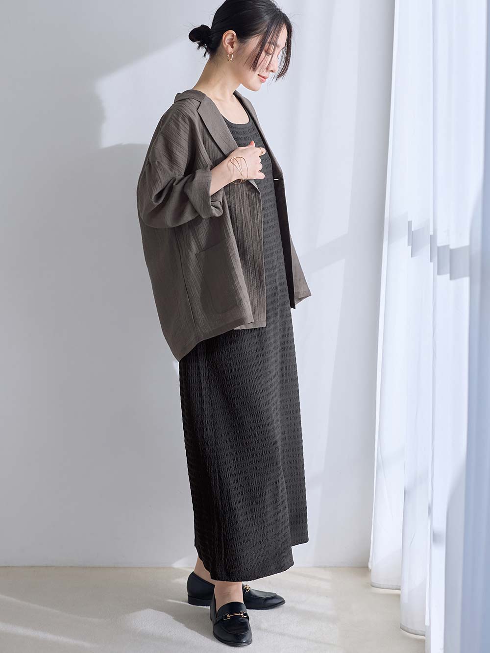 マタニティ ワンピース|シアージャケット×ノースリワンピースセット　マタニティ・産後【産後も長く着れる】Rosemadame（ローズマダム）|チャコール