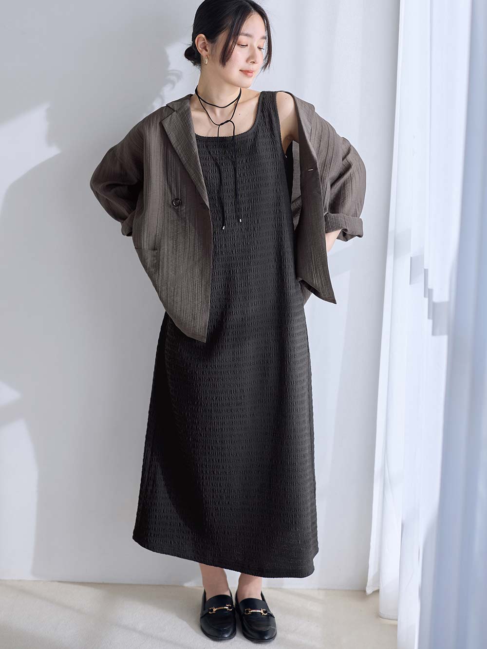 マタニティ ワンピース|シアージャケット×ノースリワンピースセット　マタニティ・産後【産後も長く着れる】Rosemadame（ローズマダム）|チャコール