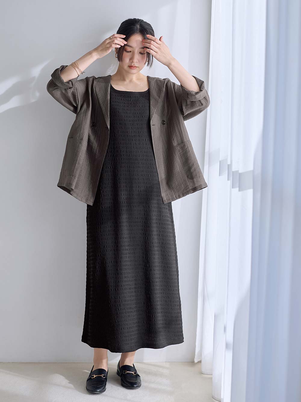 マタニティ ワンピース|シアージャケット×ノースリワンピースセット　マタニティ・産後【産後も長く着れる】Rosemadame（ローズマダム）|チャコール