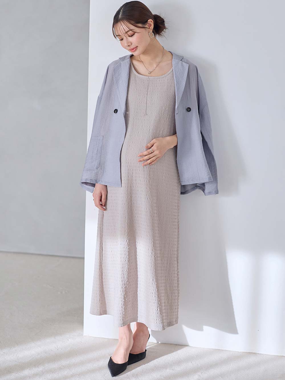 マタニティ ワンピース|シアージャケット×ノースリワンピースセット　マタニティ・産後【産後も長く着れる】Rosemadame（ローズマダム）|サックス