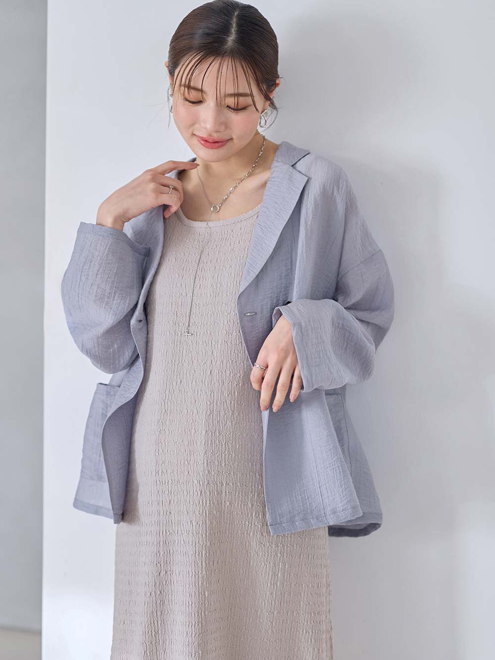 マタニティ ワンピース|シアージャケット×ノースリワンピースセット　マタニティ・産後【産後も長く着れる】Rosemadame（ローズマダム）|サックス