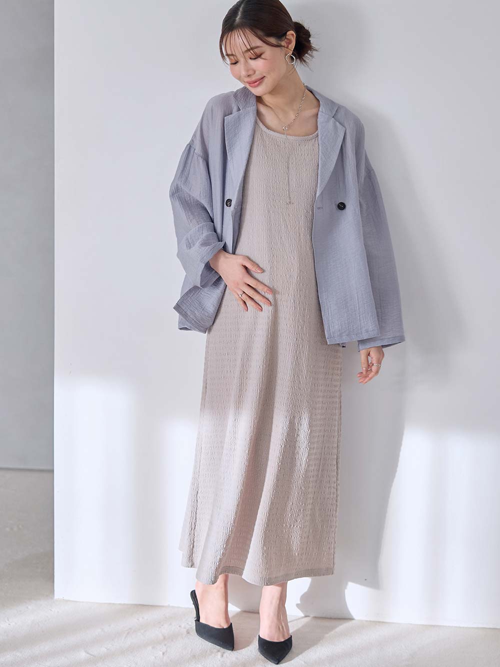 マタニティ ワンピース|シアージャケット×ノースリワンピースセット　マタニティ・産後【産後も長く着れる】Rosemadame（ローズマダム）|サックス