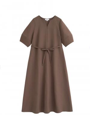 マタニティ ワンピース|ランタンスリーブウエストリボン付きワンピース　マタニティ・産後【産後も長く着れる】Rosemadame（ローズマダム）|モカ