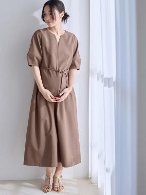 マタニティ ワンピース|ランタンスリーブウエストリボン付きワンピース　マタニティ・産後【産後も長く着れる】Rosemadame（ローズマダム）|モカ